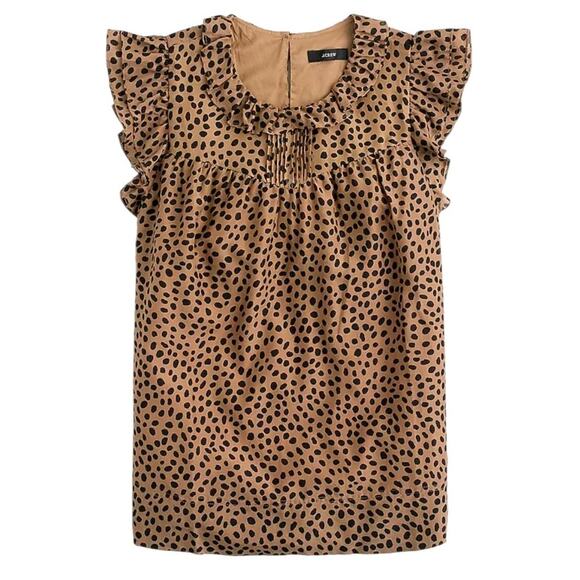 J. Crew Flutter Sleeve Cotton Silk Voile Top Leopard Dot Brown Ruffle Neck Small - Picture 2 of 8